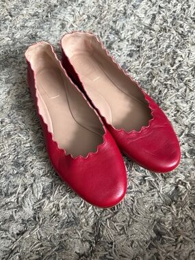 Chloé Scallop-Edge Red Leather Ballet Flats sz 37/7 Made in Italy